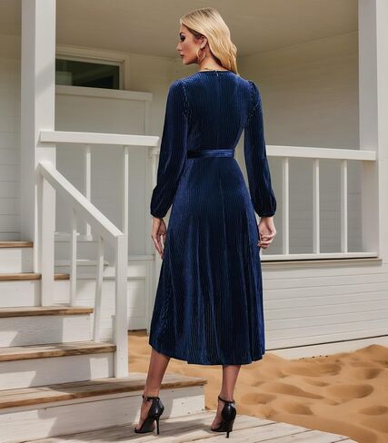 Women's Velvet V Neck Puff Sleeve Dress for Wedding Guest Cocktail Elegant Bodycon Party Midi Dress in Kuwait