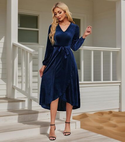 Women's Velvet V Neck Puff Sleeve Dress for Wedding Guest Cocktail Elegant Bodycon Party Midi Dress in Kuwait