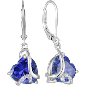 Women Heart Dangle Earrings 925 Sterling Silver Birthstone Heart Leverback Drop Earrings 5A Cubic Zirconia Jewelry for Her