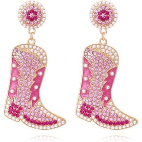 Sparkling Cowgirl Boots Drop Dangle Earrings for Women Girls Crystal Cubic Zirconia Shell Pearl Boot Western Cowboy Fancy Dress Costume Dangling Statement Earring Fashion Jewelry Gifts