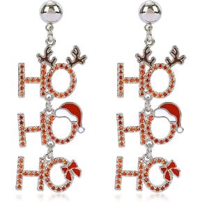 Dangle Christmas HOHOHO Earrings for Women 14K White Gold Plated Red Cubic Zirconia HOHOHO Letter Earrings with Enamel Elk Antler Santa Hat Bow Drop Long Chain Holiday Party Xmas Jewelry Gifts