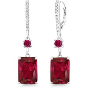 Gem Stone King 925 Sterling Silver Red Created Ruby Dangle Earrings For Women | 10.80 Cttw | Emerald Cut 14X10MM | Round 4MM