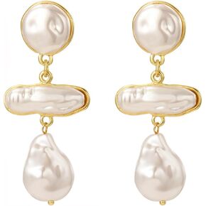 Boho Long Pearl Drop Dangle Earrings,Vintage Tiny White Pearl Chain Earrings Handmade Statement Bridal Jewelry for Women