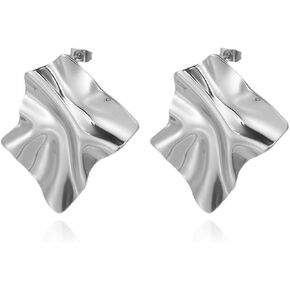 Statement Geometric Square Earrings for Women Unisex,Stainless Steel Medium Fashion Texture Irregular Minimalism Earrings,Trendy Ripple Unique Boho Earrings,Metal Modern Rectangle Jewelry
