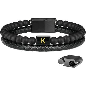 YL Initial Leather Bracelets for Men Stainless Steel Letter Beaded Bracelet Double-Row Braided Bangle Wrap Jewelry 8.3"