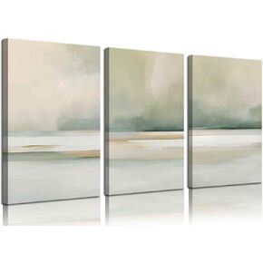 3Pcs Sage Green Canvas Wall Art Modern Neutral Abstract Wall Decor Pictures Minimalist Green Tan Posters Prints for Living Room Bedroom Home Decoration, 12x16in