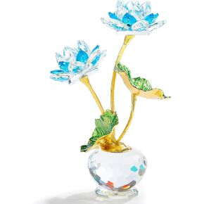 Enjinkail Crystal Blue Lotus Flower with Stems - Glass Decor Lotus Flower with Vases Home Office Decoration - Crystal Gifts for Mom Girlfriend Sisters Boss on Birthday Mothers Day Valentines Day