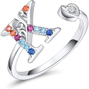 FOREVER QUEEN Adjustable Initial Ring,925 Sterling Silver Statement Rings with Colorful Stone, Personalized Letter Stacking Ring Alphabet A to Z for Women