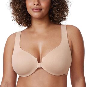 DELIMIRA Women's Front Closure Racerback Bras Plus Size Underwire Unlined Full Coverage Plunge Bras