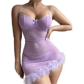 MakeMeChic Women's 2 Piece Lingerie Set Rhinestone Mesh Sheer Fur Ruched Babydoll Chemise Nightgowns with Thong