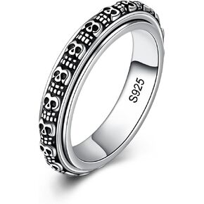Hoied Sterling Silver Skull Ring Anti Anxiety Relieve Spinner Rings Halloween Fidget Ring for Women Men（6#7#8#）
