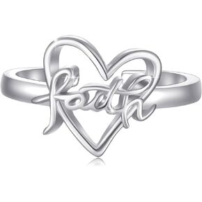 Heart Faith Ring, S925 Sterling Silver Adjubstable Religious Christian Inspiring Love Faith Cross Rings for Women