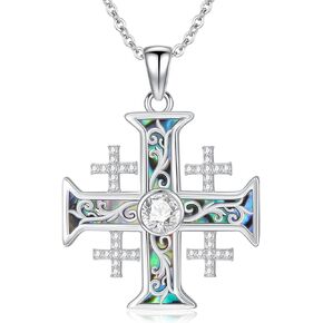Jerusalem Cross Necklace for Women 925 Sterling Silver Filigree Cross Necklace Abalone Shell Pendant Jewelry for Birthday Christmas