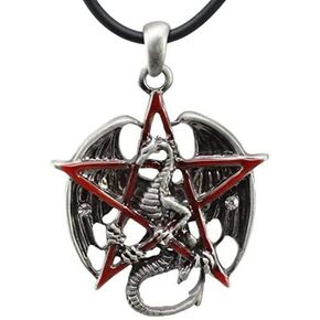 Ebros Gothic Blood Pentagram Star Silver Dragon Pewter Pendant Necklace With Rubber Neck Band Fantasy Mythical Legendary Celestial Dragons Red Crimson Pentacle Wicca Talisman Jewelry Accessory