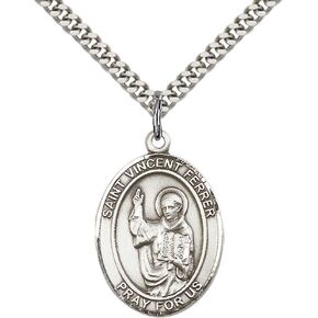 Sterling Silver St. Vincent Ferrer Pendant with 24" Stainless Steel Heavy Curb Chain. Patron Saint of Construktion Workers