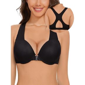 Push Up Front Closure Bras for Women Seamless Racerback Bra Underwire Thick Padded T-Shirt Bra