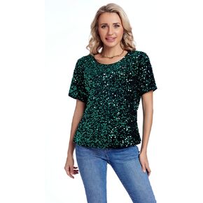 Women's Sequin Tops Sparkly Shirt Glitter Short Sleeve Tee Round Neck Velvet Tunic Party Disco Clubwear Blouse