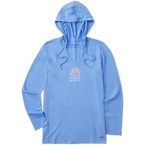 Life is Good. Women's Here Comes The Sunshine Arch Long Sleeve Crusher-Lite Hooded Tee, Cornflower Blue