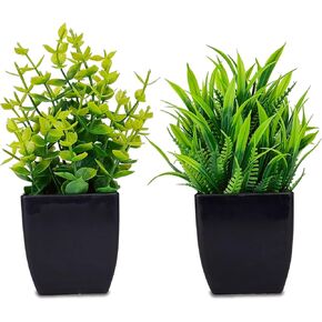 2 Pack Fake Plants 7" Small Potted Plants Artificial Plants Indoor Mini Greenery Plants for Indoor Decor Home Shelf Office Decor, Compact Black Round Pot