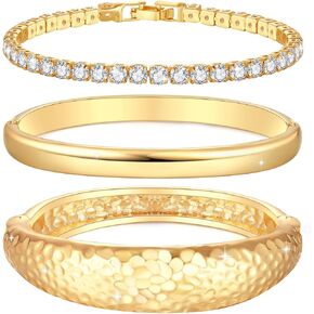 Gold Bracelets for Women Trendy: Chunky Gold Bangle Bracelet Stack with Cubic Zirconia Tennis Bracelets, 14K Gold Plated Star/Twisted/Oval Polished Finish/Hammered Textured/ Open Teardrop Cuff Bracelets Set for women Birthday Christmas Gifts (Set of 3)