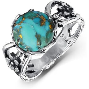Round Turquoise Ring Vine design 925 Sterling Silver Statement Ring for Women Boho Ring Floral Vintage Antique Look Size 9