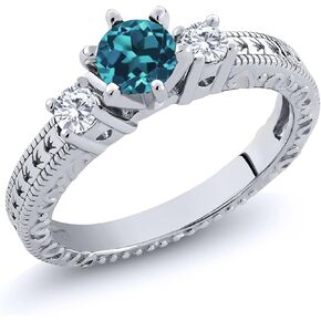 Gem Stone King 0.90 Ct Round London Blue Topaz E-F Lab Grown Diamond 925 Sterling Silver Ring