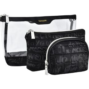 Hiroyuki Clear Makeup Bag Set, 3 Pack Cosmetic Organizer Case Transparent Large Travel Toiletry Bags for Women TSA Approved Toiletry Bag Skincare Pouch Letter Print Wash Bag (White)