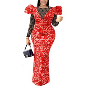 ONTINVA Women African Printed Long Party Dress Lace PatchworkSee Through Vintage Elegant Evening Gown