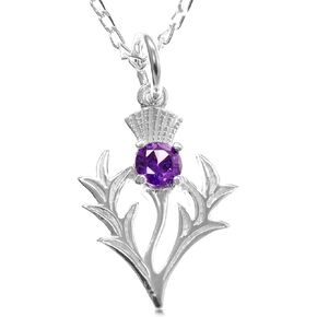 Alexander Castle 925 Sterling Silver Scottish Thistle & Real Amethyst Necklace - 20mm x 16mm Pendant with 18" Silver Chain & Jewelry Gift Box - Scottish Gifts for Women