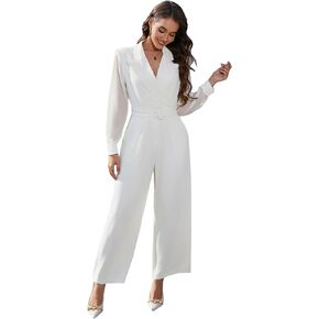 Love Welove Fashion Women's Elegant Long Sleeves Black and White Formal Jumpsuit Evening & Office Wear with Belt