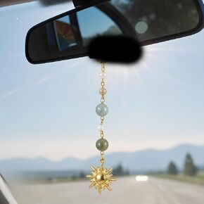 Sun Hanging Car Charm, Green and Gold Rear View Mirror Accessories, Healing Crystals Stones Ornament Gifts, Boho Car Accessories, Charm Handmade for Women Bag Keychain Car Pendant Accessory