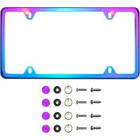 Four Hole Slim Version Neon Neo Chrome Mirror License Plate Frame T304 Stainless Steel + Metal Screw Caps