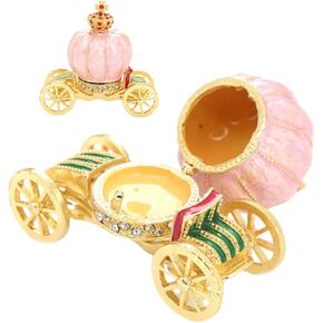 Halloween Cinderella Pumpkin Coach Crystal Studded Trinket Box,Pink Hand Painted Enameled Pumpkin,Rhinestone Royal Carriage Crown Jewelry Box,Sparkling Hinged Jewelry Organizer,Home Decor,Dresser Gift