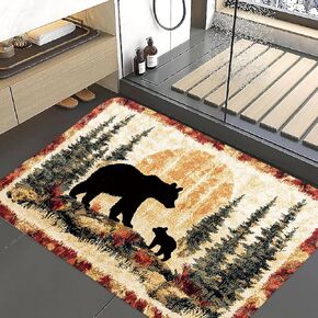 Bear Rug Mat Farmhouse Bathroom Rugs Animal Black Bear Forest Trees Rustic Cabin Carpet Camping Bath Rug Sets for Bathroom Bedroom Kitchen Outdoor Indoor 17X29 Inch