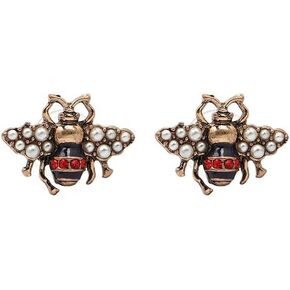Bee Gold Crystal Pearl Cute Vintage Earrings for Women Pair of Long Pretty Pearl Dangle Drop Earrings Bee Dangle