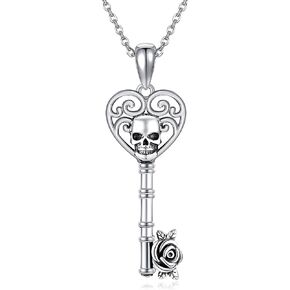 Key Necklace 925 Sterling Silver Gothic Skeleton Skull Pendant Jewelry Gift for Women