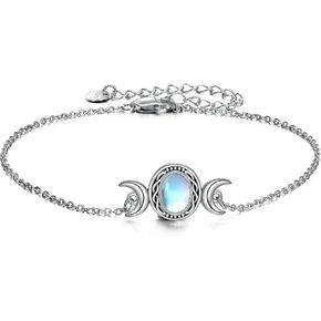 YFN Triple Moon Goddess Bracelet Sterling Silver Pentagram Pentacle Bracelets Pagan Wiccan Magic Amulet Moonstone Jewelry for Women Men
