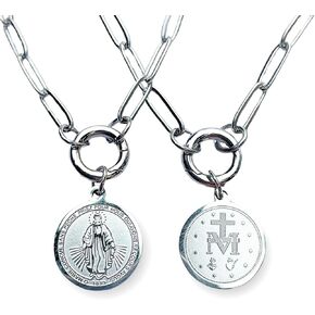 Virgin Mary Necklace - Miraculous Medal - Durable Paperclip Necklace For Women - Non Tarnish Jewelry - Waterproof Ring Holder- Stainless Steel Charm Holder Necklace Gift - Made in USA