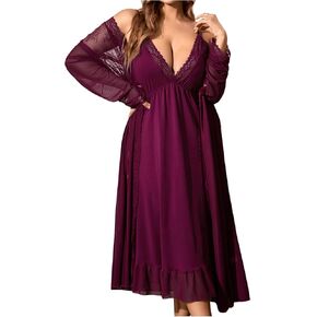 Verdusa Women's Plus Size Robe Sets 2 Piece Deep V Neck Nightgown and Mesh Kimono Robe