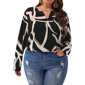 SOLY HUX Women's Plus Size Allover Printed Notched V Neck Long Sleeve Casual Blouse Tops