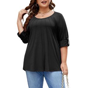 Beauhuty Plus Size Tops for Womens V Neck Tunic Pleated Front Trendy Shirts Casual Flowy Dressy Blouses Long Roll up Sleeves