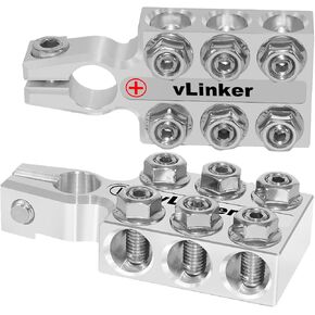 V-gate vLinker Lead Acid Battery Terminal Clamps, 8AWG up to 4/0(XL) AWG Gauge, 12-Way Connectors, 6061 Aluminum Battery Terminal Positive and Negative (+/-)(Pair) for SAE/DIN/EN Tapered Top Post