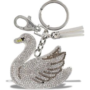 Swan Keychain - Silver Sparkling Rhinestones Charm with Tassel, Fashionable Stylish Polyester PU Bird Wild Life Key Ring Bling Jewelry Accessory with Clasp For Key Chain, Bag, Purse & Backpack