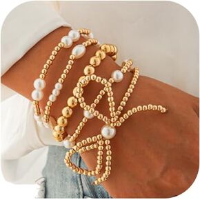 eartif Gold Bow Bracelet for Women Gold Beaded Bracelets Stretch Bead Ball Bracelets Pearl Stackable Bracelets Adjustable Gold Jewelry for Women