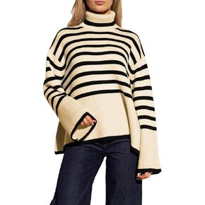 Women's Pullover Sweaters Turtleneck Long Sleeve Striped Side Slit Casual Loose fit Ribbed Knit Jumper Tops