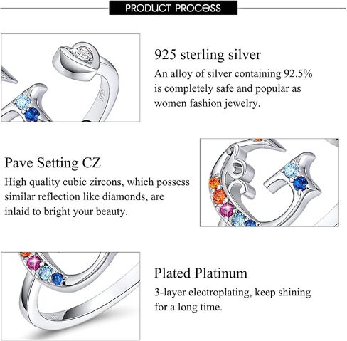 FOREVER QUEEN Adjustable Initial Ring,925 Sterling Silver Statement Rings with Colorful Stone, Personalized Letter Stacking Ring Alphabet A to Z for Women in Saudi Arabia