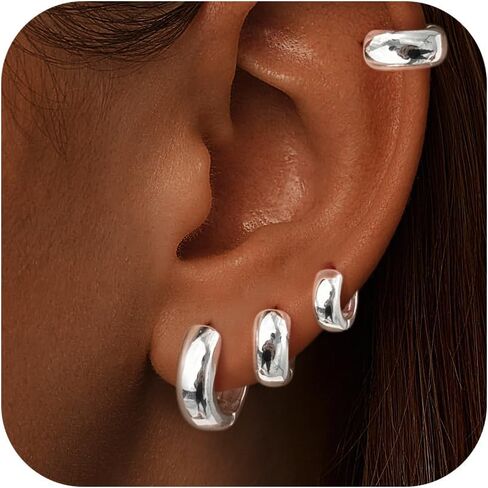 Small Silver Chunky Hoop Earrings Set for Women, Sterling Silver Huggie Earrings for Women Trendy, Hypoallergenic Cartilage Silver Hoop Earrings Set for Mulpitle Piercing Stack Jewelry in Kuwait