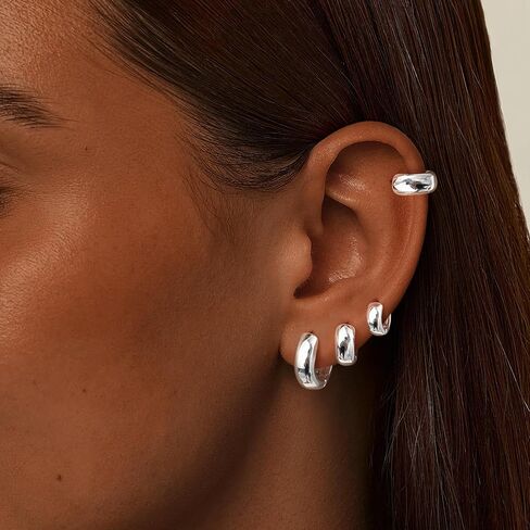 Small Silver Chunky Hoop Earrings Set for Women, Sterling Silver Huggie Earrings for Women Trendy, Hypoallergenic Cartilage Silver Hoop Earrings Set for Mulpitle Piercing Stack Jewelry in Kuwait