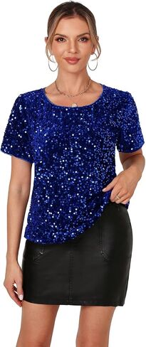 Women's Sequin Tops Sparkly Shirt Glitter Short Sleeve Tee Round Neck Velvet Tunic Party Disco Clubwear Blouse in Kuwait