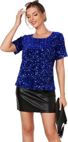 Women's Sequin Tops Sparkly Shirt Glitter Short Sleeve Tee Round Neck Velvet Tunic Party Disco Clubwear Blouse in Kuwait